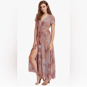 Elegant Red Patterned Midi Dress